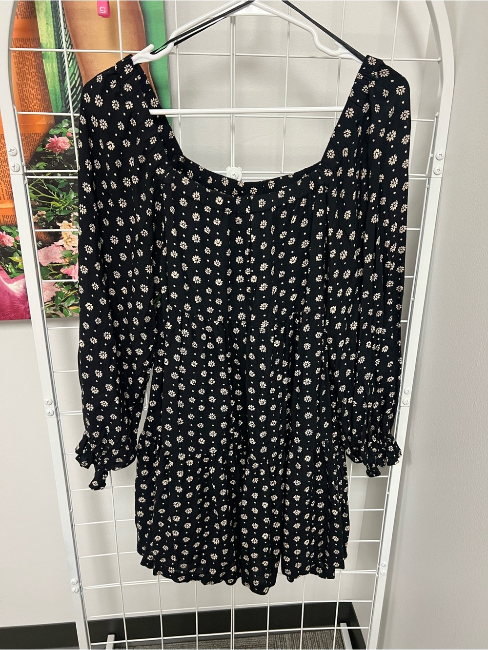 Patrons of Peace Black Floral Long-Sleeve Mini Dress with White Daisy Print